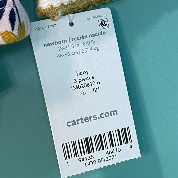 Carter's Baby New Born 3 Piece Outfit Set Pants, Zip Up Vest, Bodysuit Floral - Picture 4 of 10